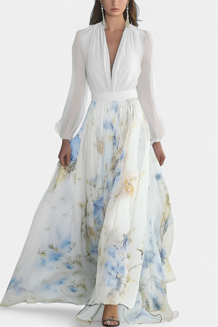 Eliane Vestido Largo con Estampado Floral y Escote Profundo