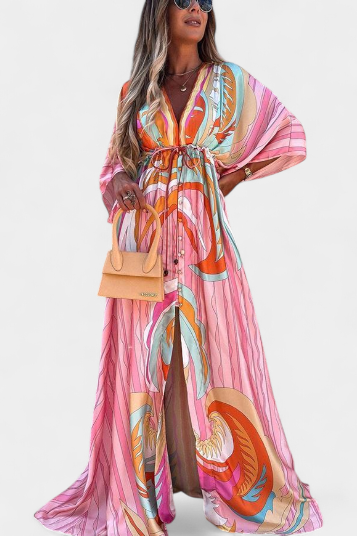 Joelle Vestido Maxi Arcoíris con Escote en V y Manga Murciélago