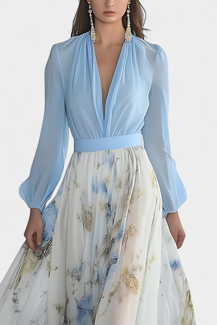 Eliane Vestido Largo con Estampado Floral y Escote Profundo