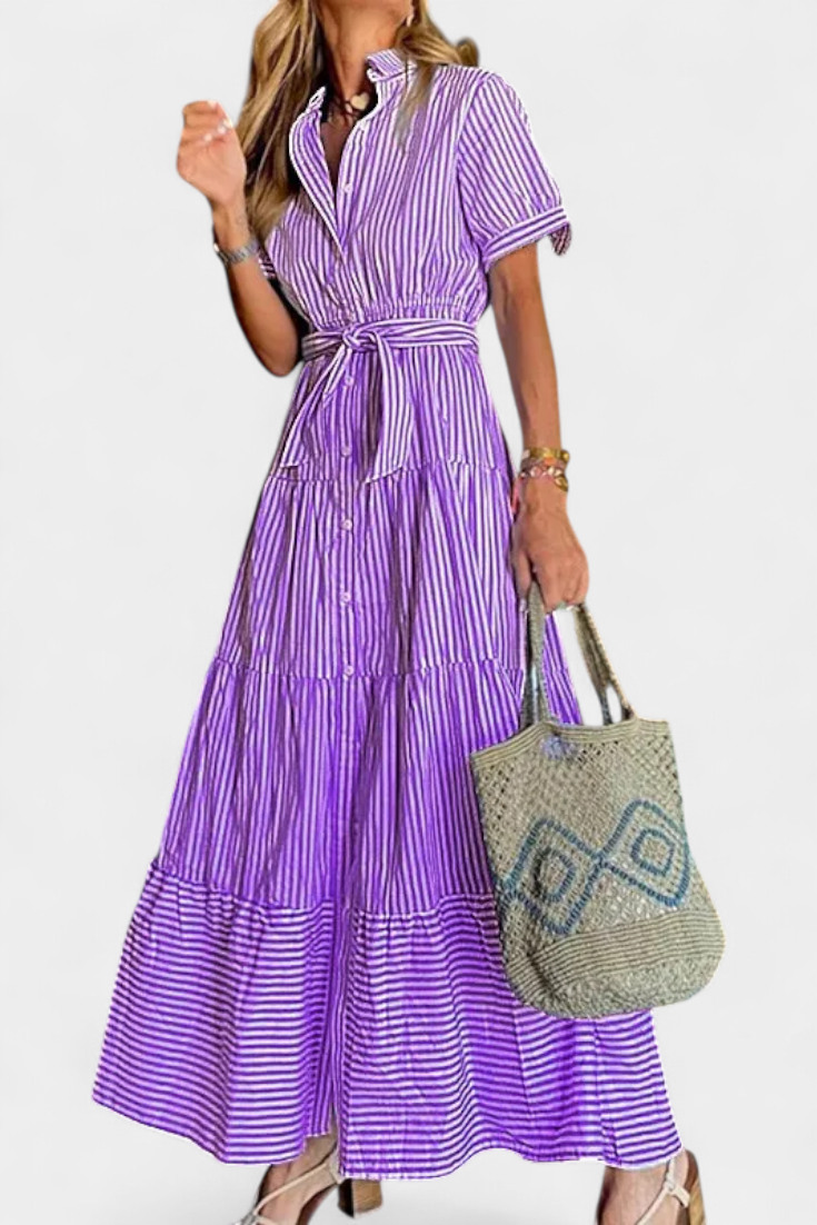 Maya Vestido Camisero Largo de Rayas con Cinturón