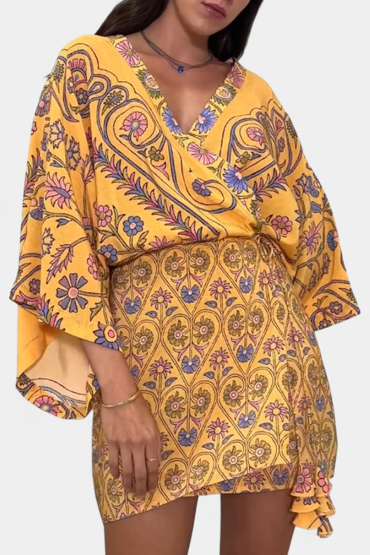 Candela Vestido Boho con Estampado Floral y Escote en V Cruzado