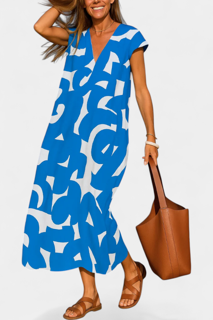 Asela Vestido Casual con Escote en V y Estampado Mixi