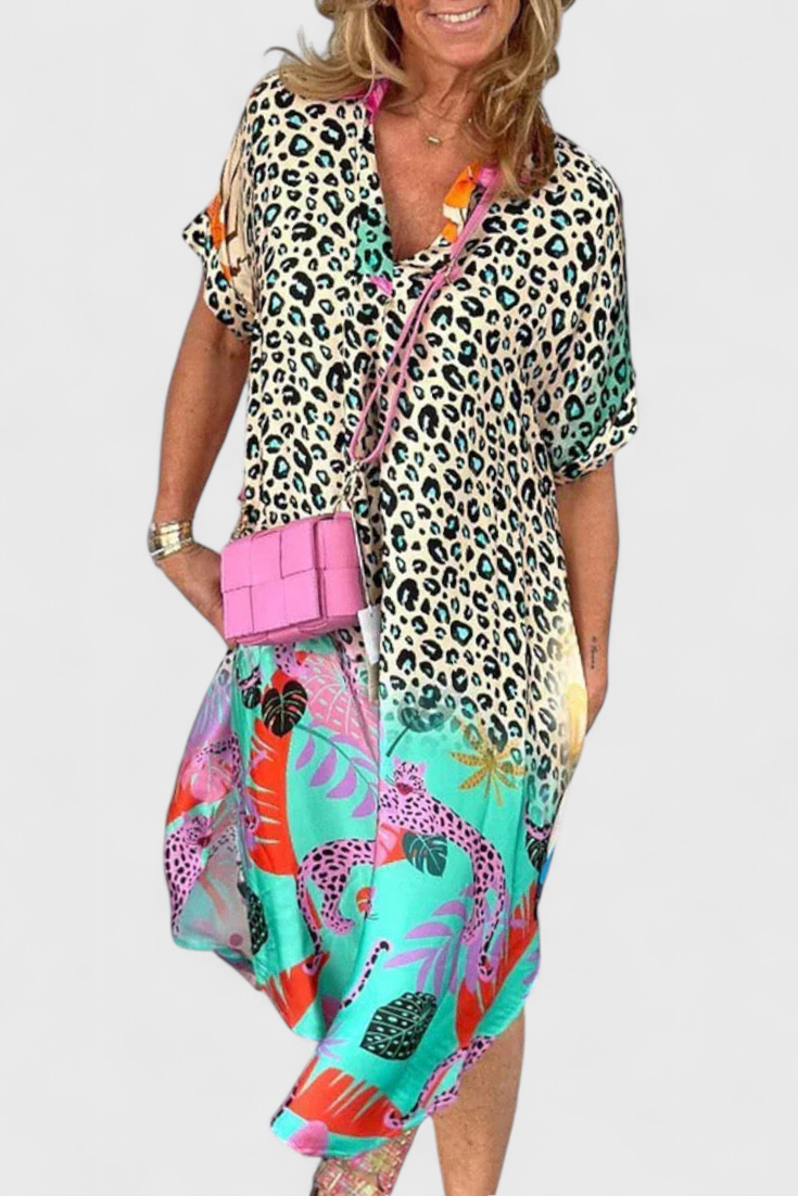 Gala Vestido Boho Casual con Estampado de Leopardo y Escote en V