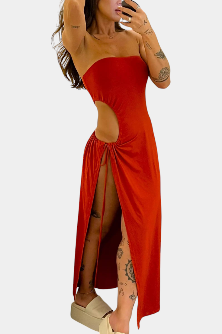 Teuta Vestido Sin Tirantes con Lazo Lateral y Abertura Alta