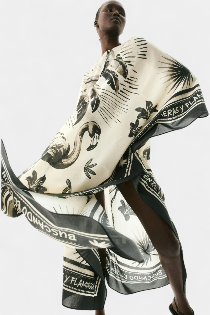 Guadalupe Vestido Kaftán Oversized con Estampado de Flamencos y Palmeras