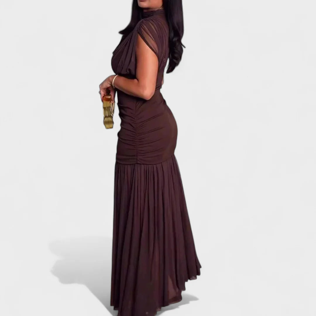 Noelia Vestido Bodycon de Malla Plisada Marrón