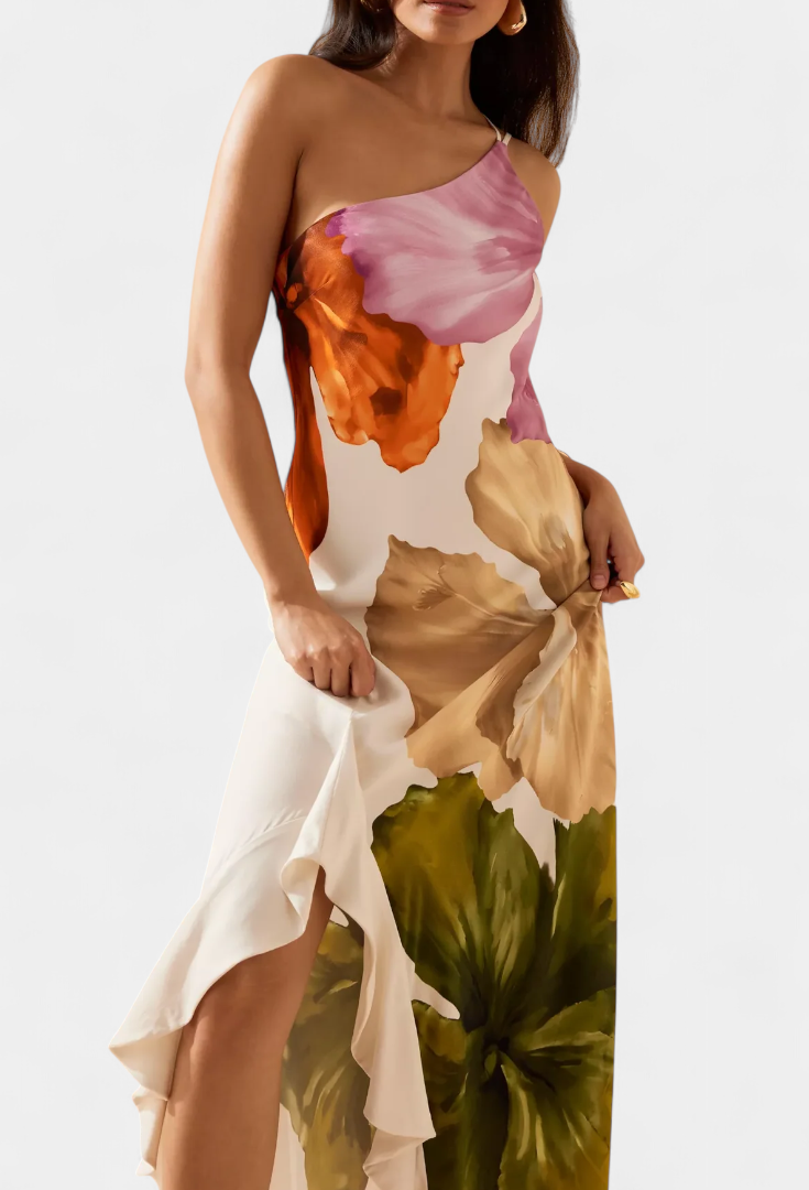 Almudena Vestido Elegante con Patchwork y Cuello Asimétrico