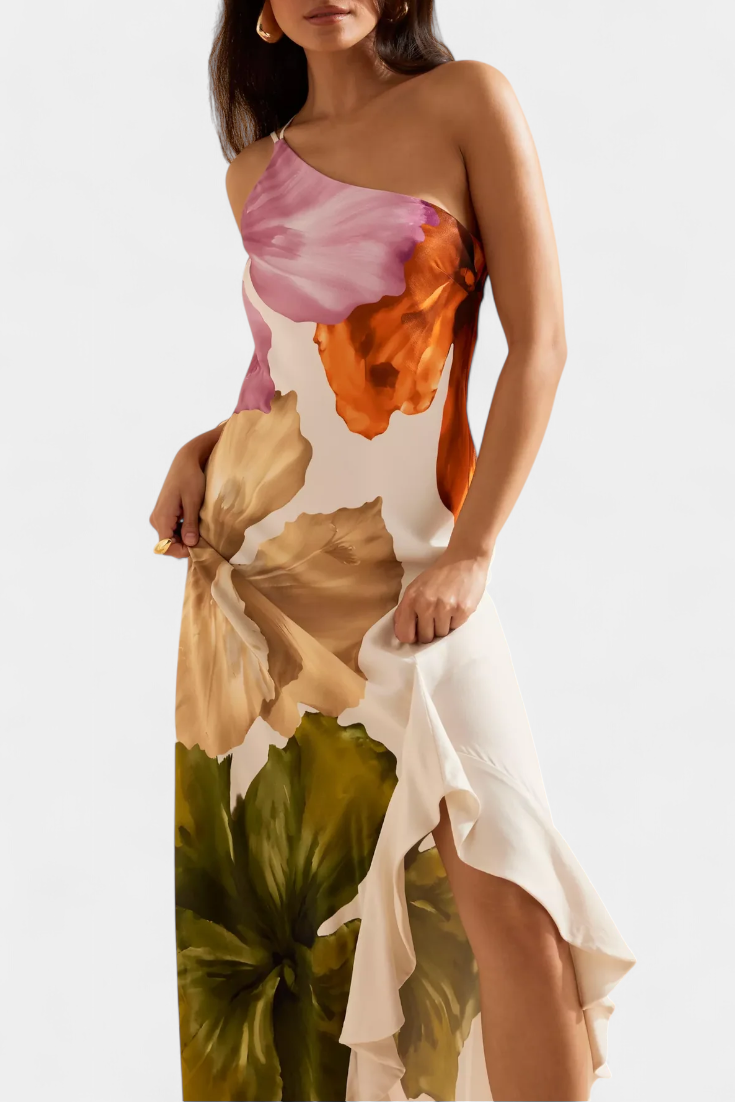 Almudena Vestido Elegante con Patchwork y Cuello Asimétrico