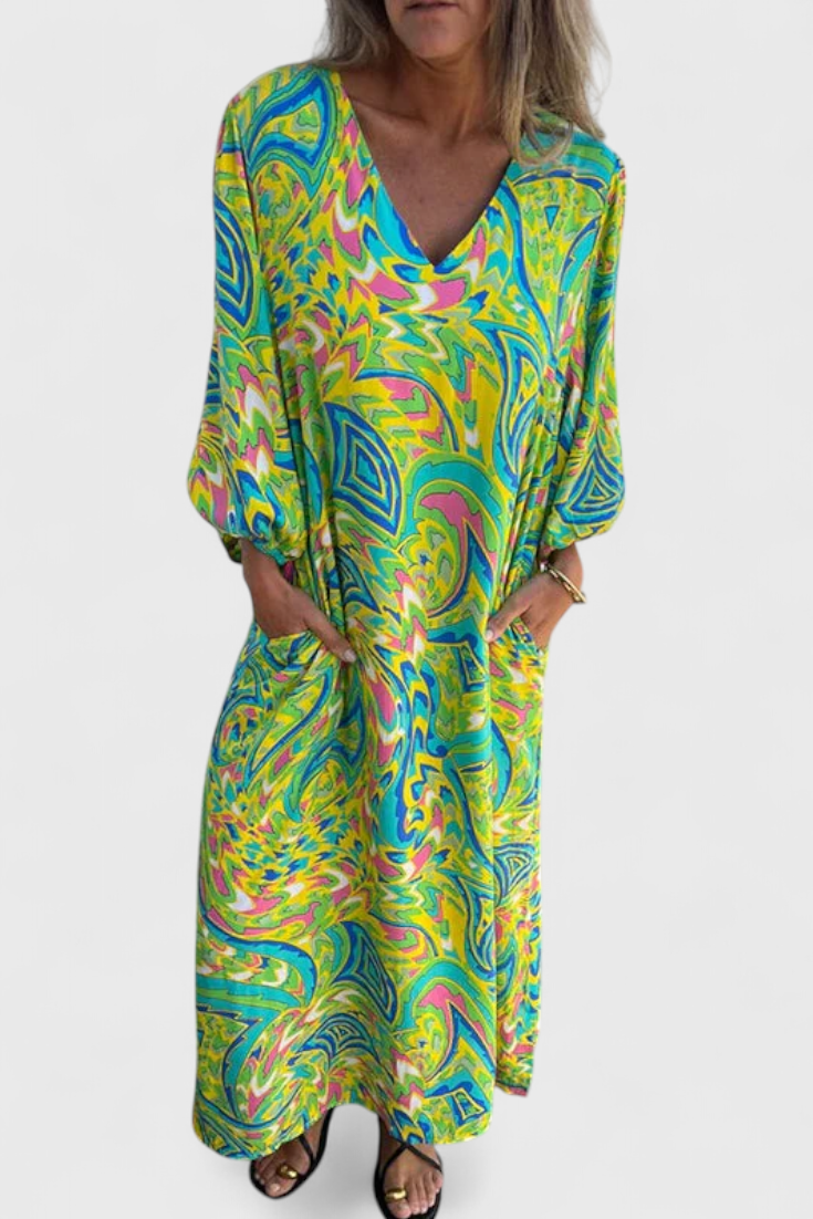 Carmina Vestido Maxi Bohemio con Escote en V y Estampado Abstracto