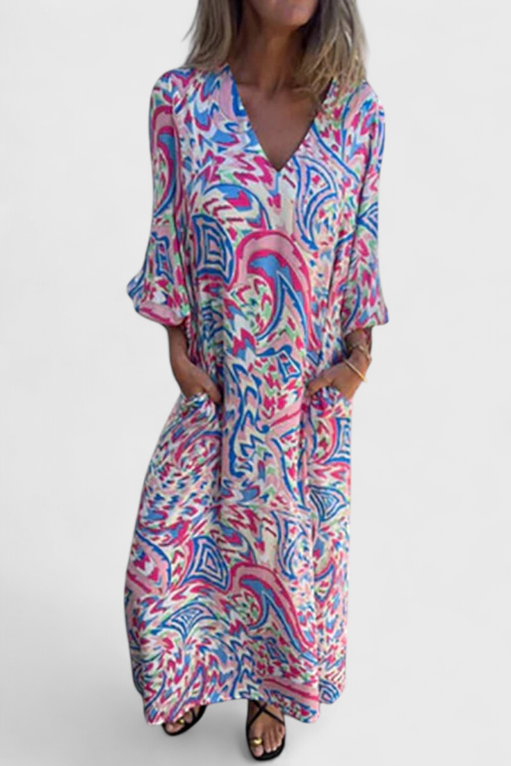 Carmina Vestido Maxi Bohemio con Escote en V y Estampado Abstracto