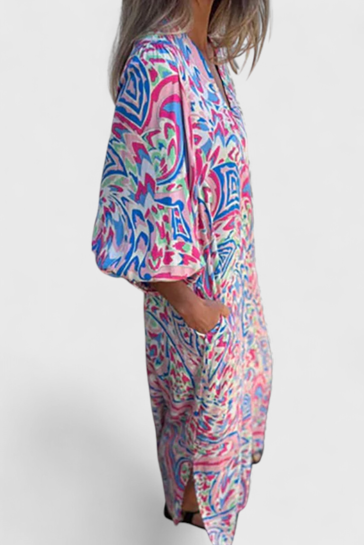 Carmina Vestido Maxi Bohemio con Escote en V y Estampado Abstracto