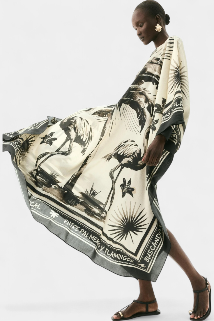 Guadalupe Vestido Kaftán Oversized con Estampado de Flamencos y Palmeras