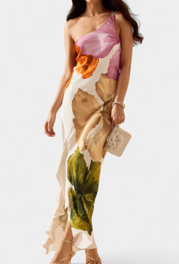 Almudena Vestido Elegante con Patchwork y Cuello Asimétrico