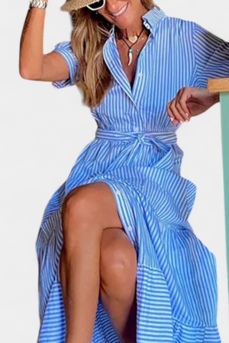 Maya Vestido Camisero Largo de Rayas con Cinturón