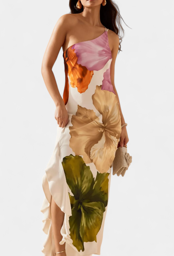 Almudena Vestido Elegante con Patchwork y Cuello Asimétrico