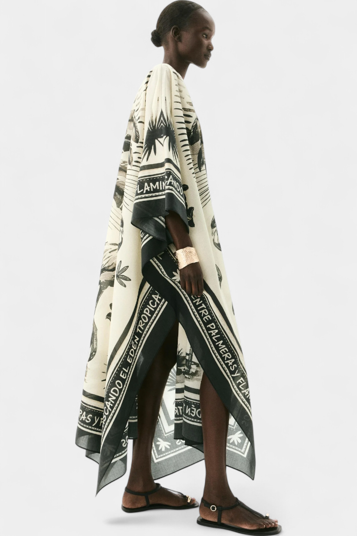 Guadalupe Vestido Kaftán Oversized con Estampado de Flamencos y Palmeras