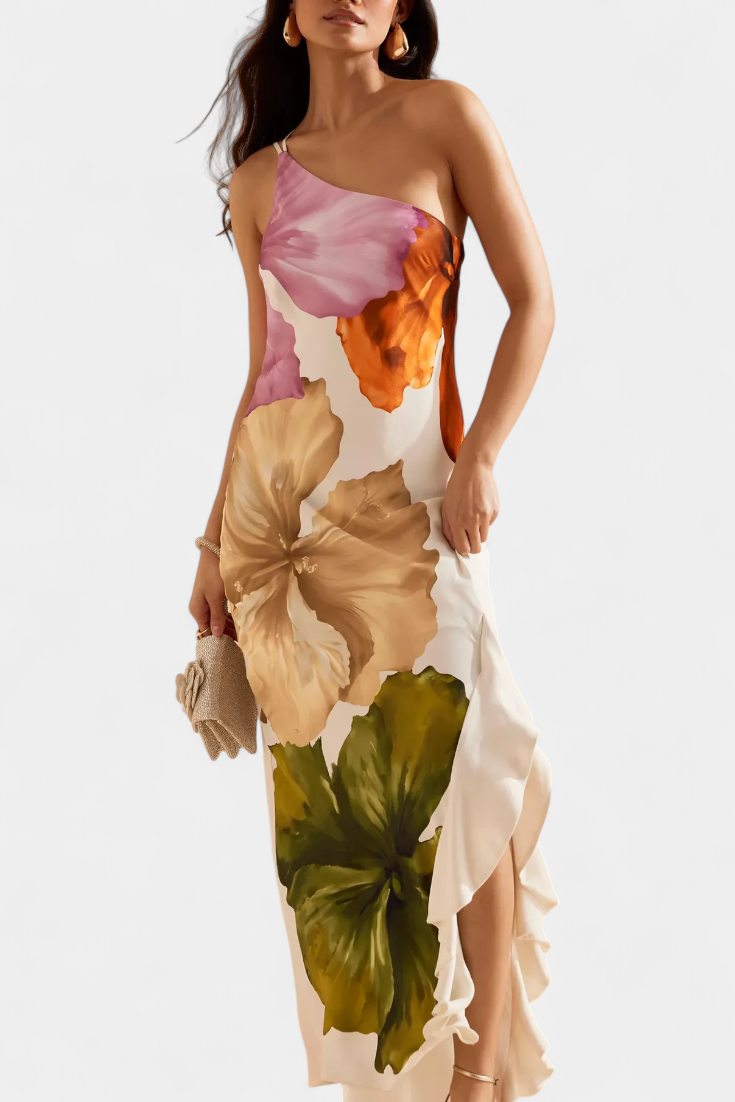 Almudena Vestido Elegante con Patchwork y Cuello Asimétrico