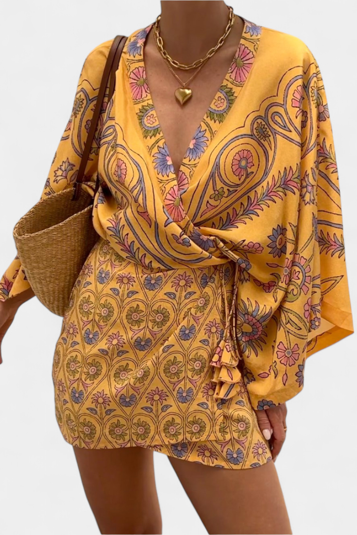 Candela Vestido Boho con Estampado Floral y Escote en V Cruzado