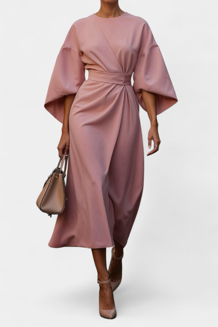 Micaela Vestido Midi con Mangas Lantern y Cintura Ceñida