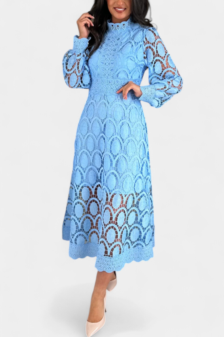 Jovie Vestido Midi de Encaje Bordado con Cuello Alto