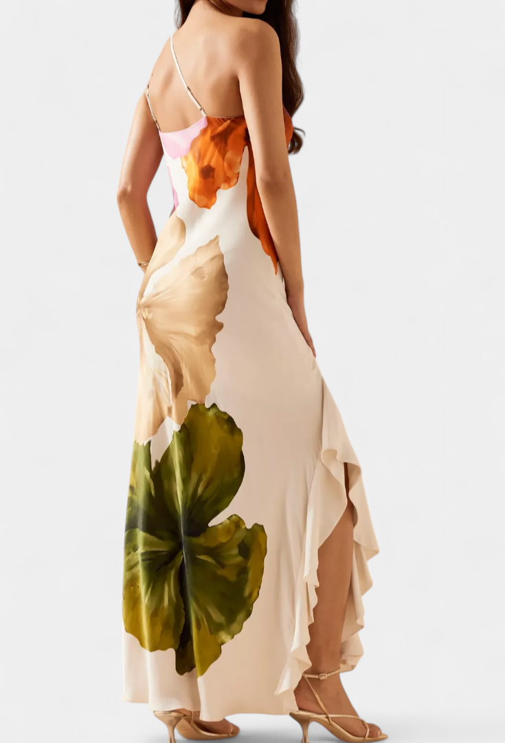 Almudena Vestido Elegante con Patchwork y Cuello Asimétrico