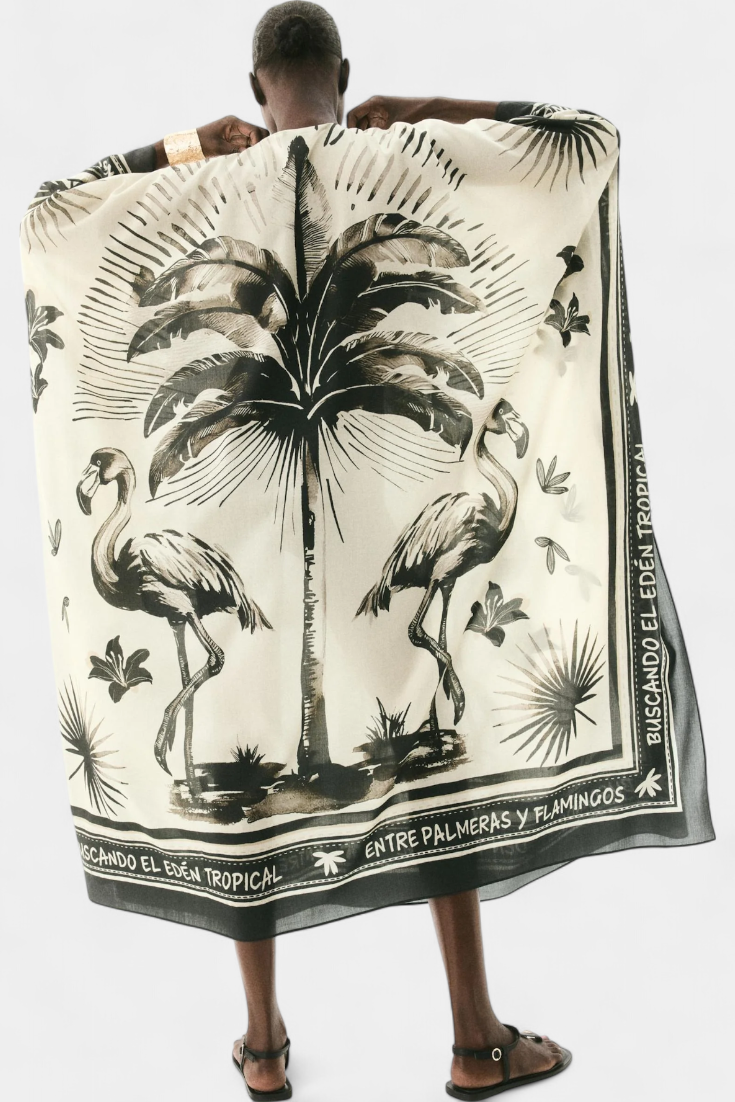 Guadalupe Vestido Kaftán Oversized con Estampado de Flamencos y Palmeras