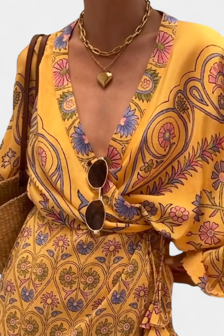 Candela Vestido Boho con Estampado Floral y Escote en V Cruzado