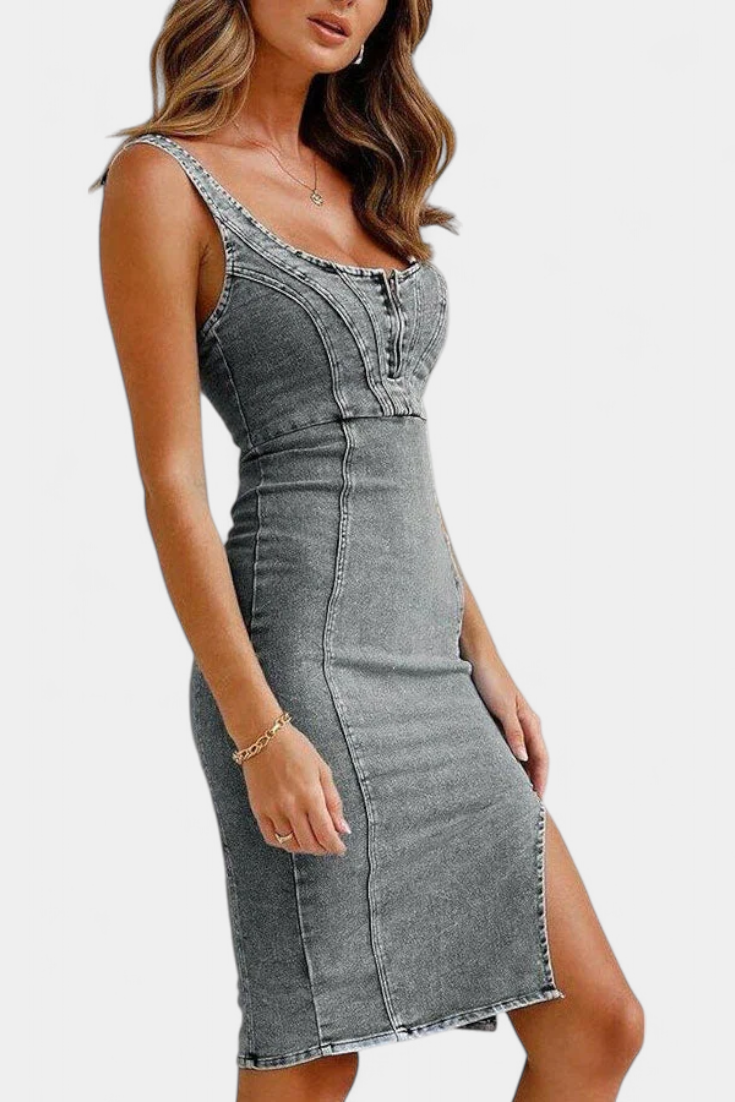 Janessa Vestido Denim con Tirantes Ajustables y Abertura Frontal