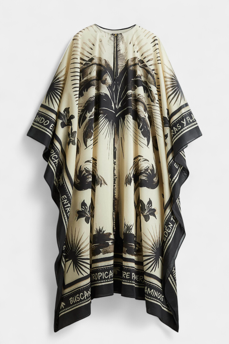 Guadalupe Vestido Kaftán Oversized con Estampado de Flamencos y Palmeras