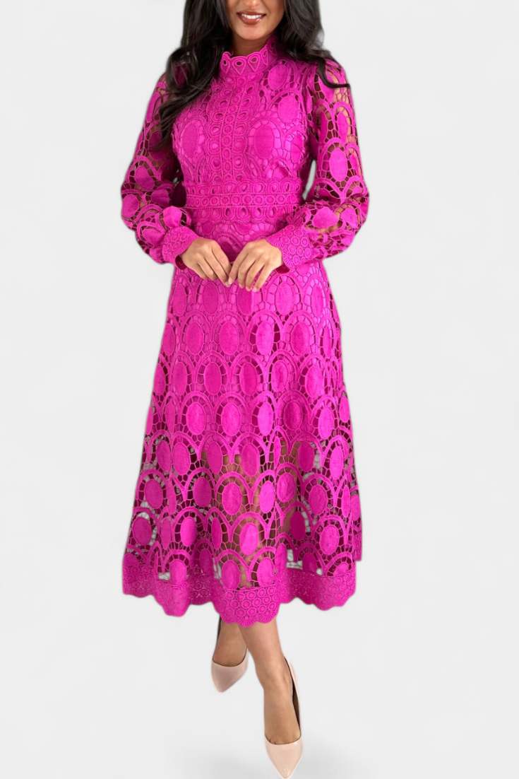 Jovie Vestido Midi de Encaje Bordado con Cuello Alto