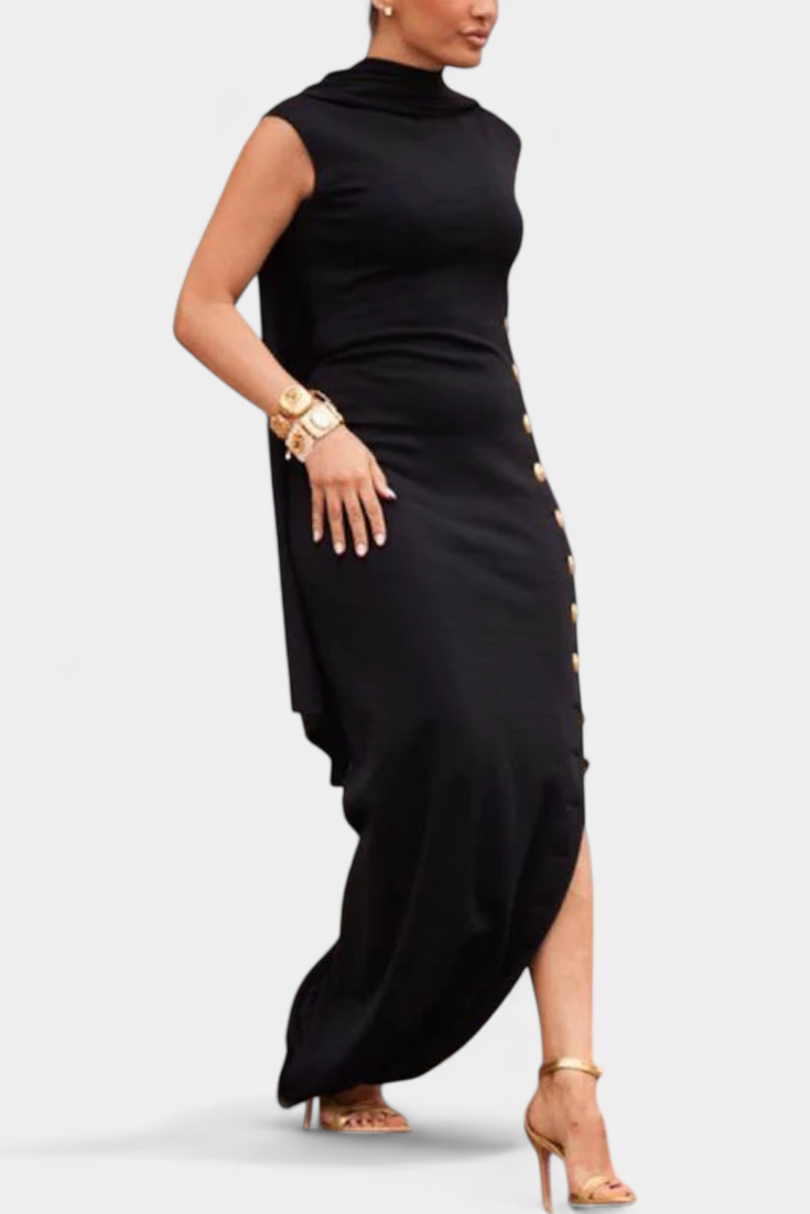 Aphrodite Vestido Asimétrico con Botones Dorados Decorativos