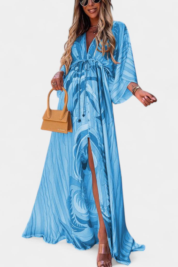 Joelle Vestido Maxi Arcoíris con Escote en V y Manga Murciélago