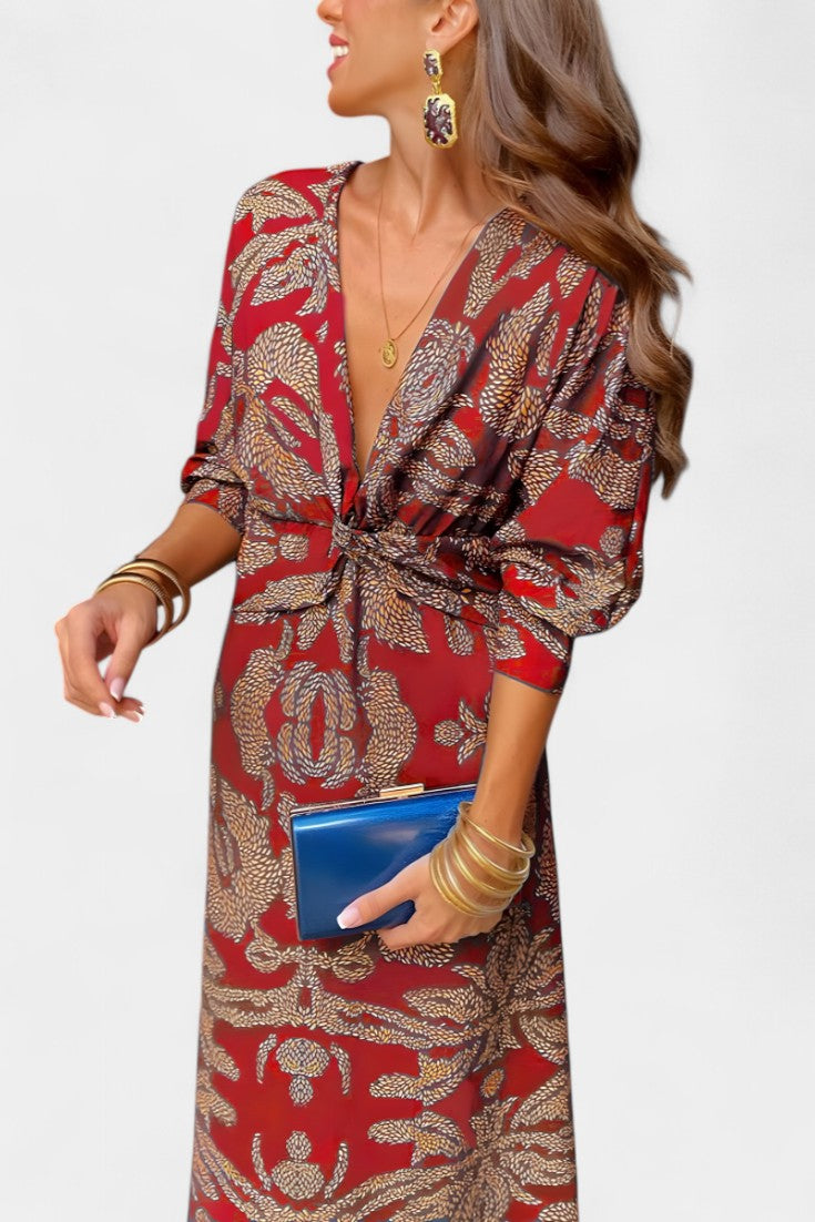 Elara Vestido Maxi con Escote en V y Nudo Frontal