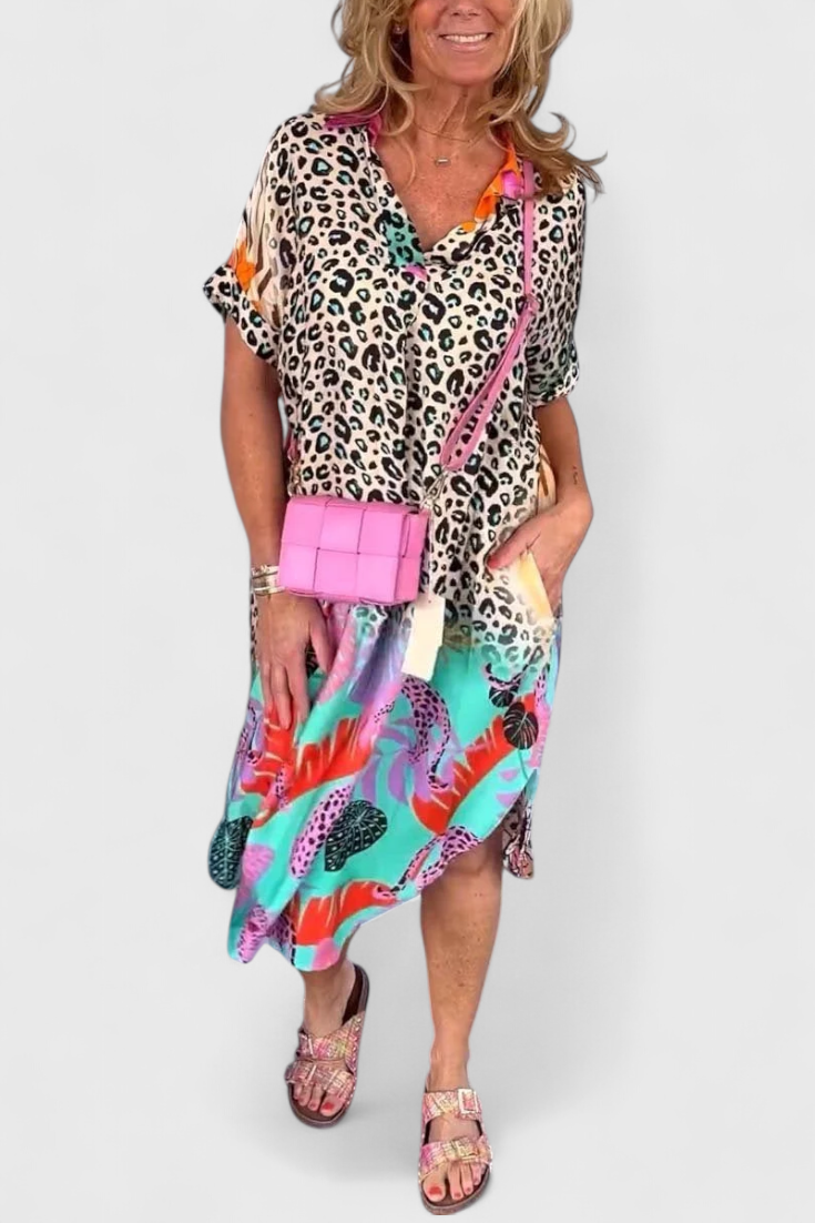 Gala Vestido Boho Casual con Estampado de Leopardo y Escote en V