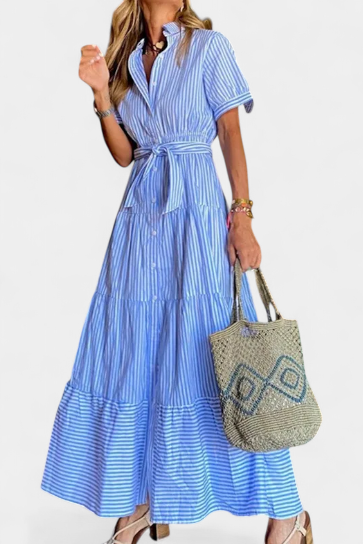 Maya Vestido Camisero Largo de Rayas con Cinturón