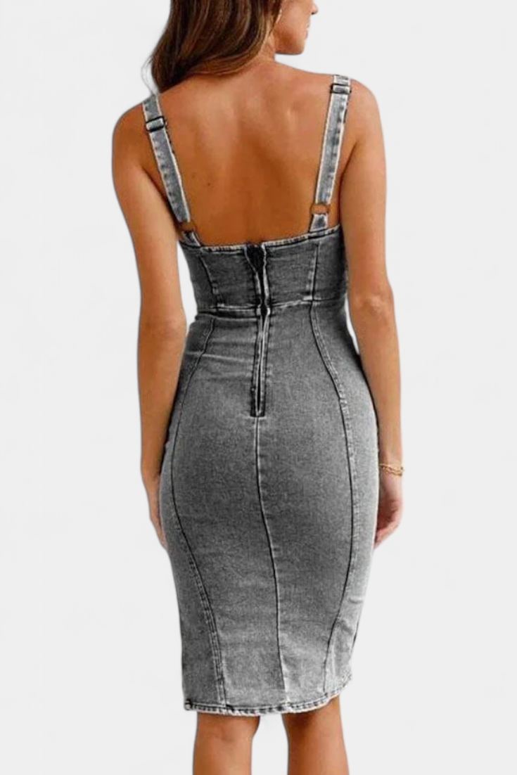 Janessa Vestido Denim con Tirantes Ajustables y Abertura Frontal