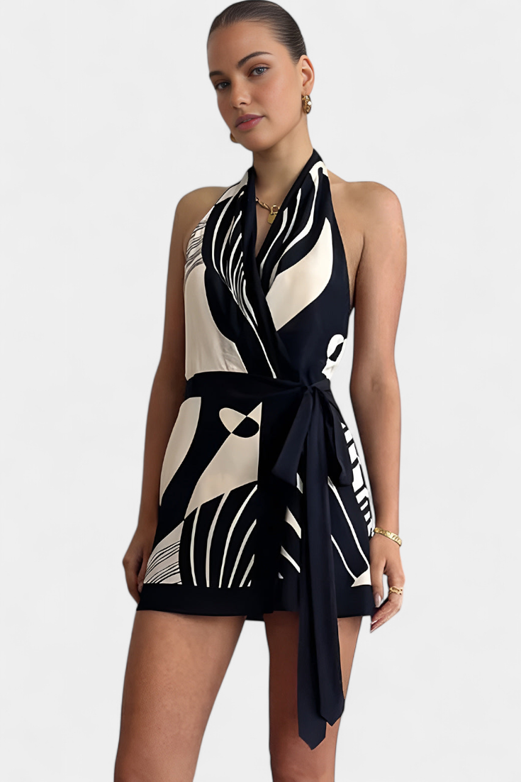 Fae Vestido Corto Halter con Estampado Abstracto y Cinturón