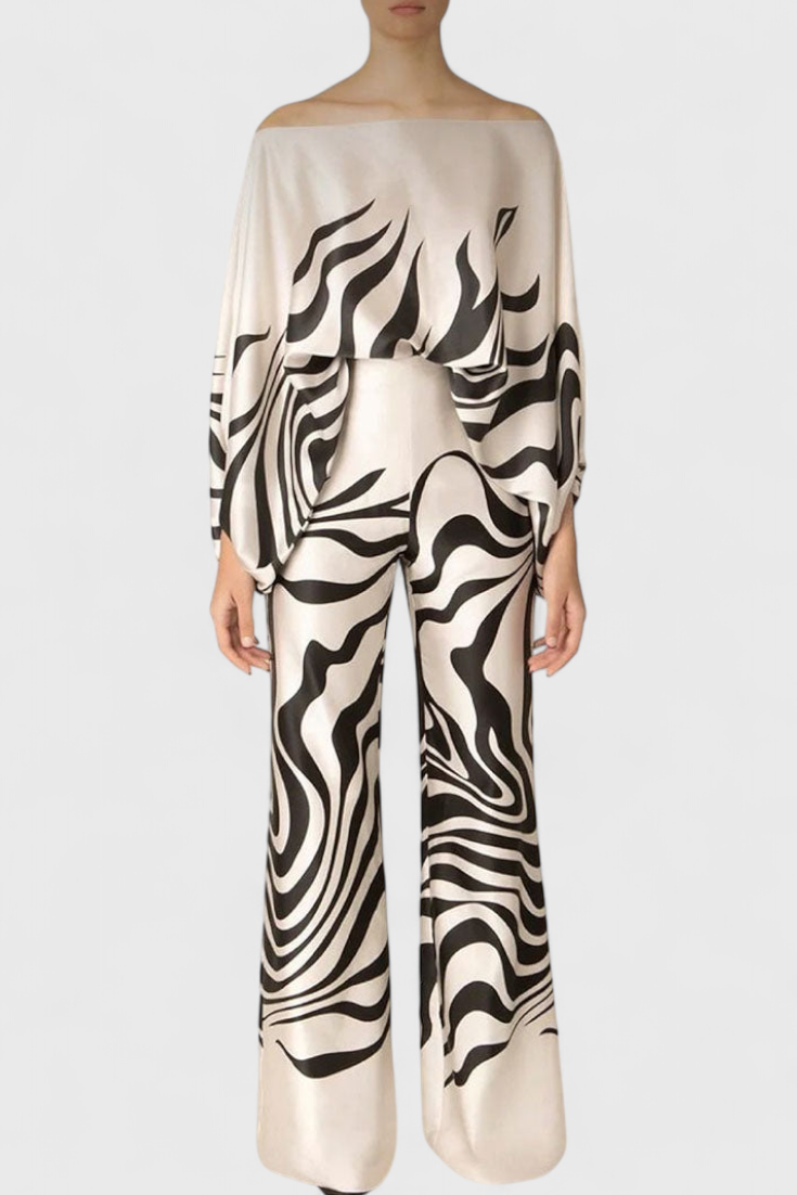 Sybella Conjunto de Dos Piezas con Hombros Descubiertos y Pantalones Amplios Estampados