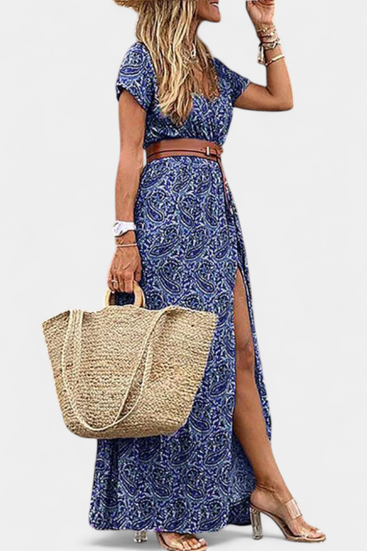 Anfisa Vestido Boho de Verano con Cinturón y Escote en V