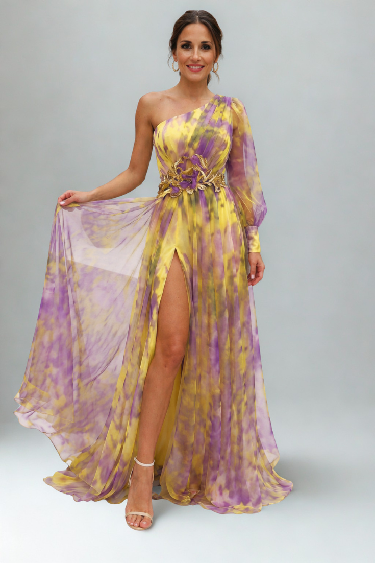 Amelie Vestido Maxi Assimétrico de Um Ombro com Estampado Artístico