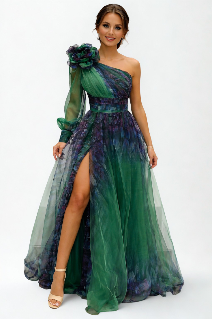 Vestido Maxi de Chiffon Becca com Ombro Descaído e Flor Volumosa