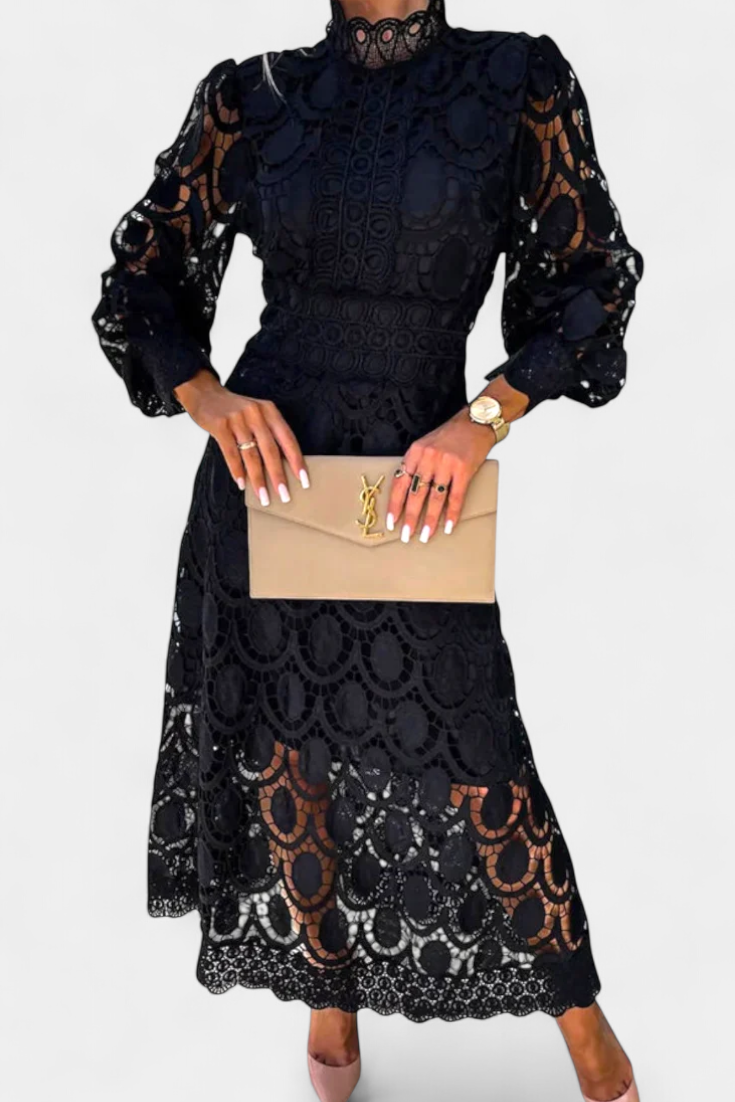 Jovie Vestido Midi de Encaje Bordado con Cuello Alto