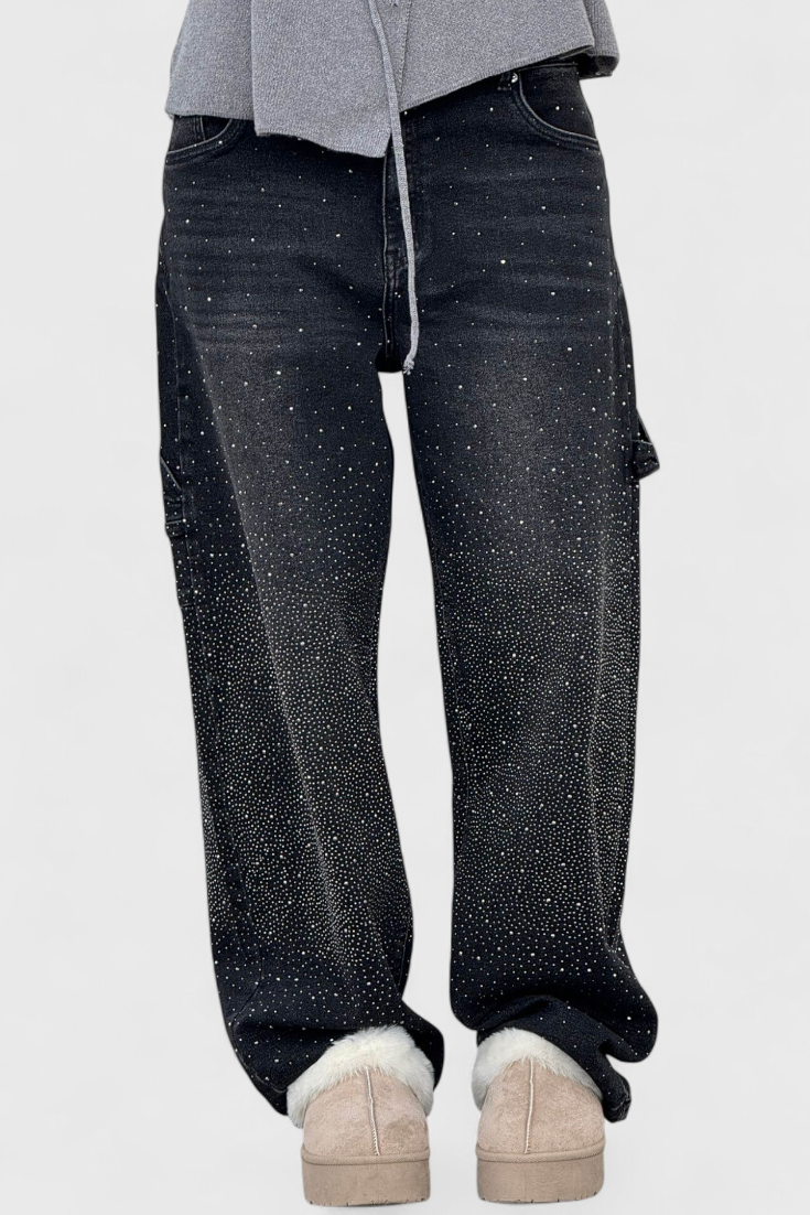 Dariya Jeans Cargo Balloon con Brillo y Aplicaciones de Pedrería