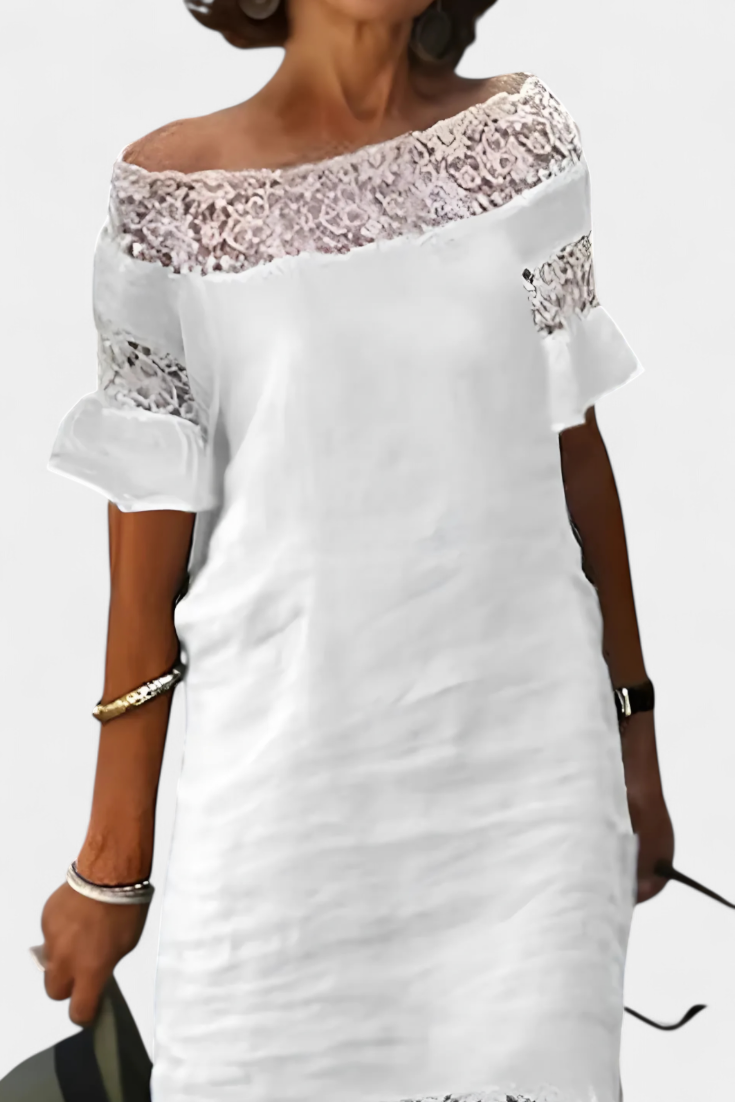 Karol Vestido Casual de Lino con Encaje y Cuello Barco