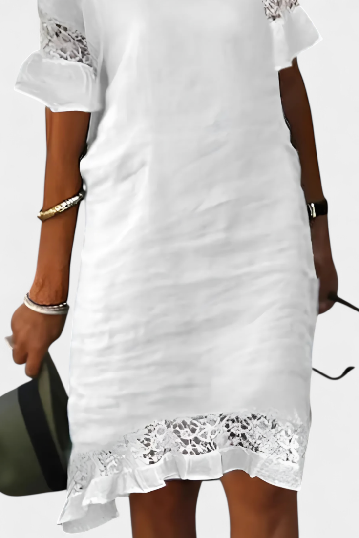 Karol Vestido Casual de Lino con Encaje y Cuello Barco