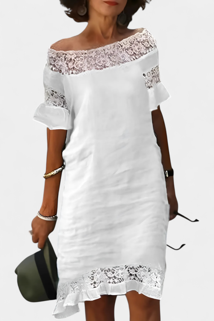 Karol Vestido Casual de Lino con Encaje y Cuello Barco