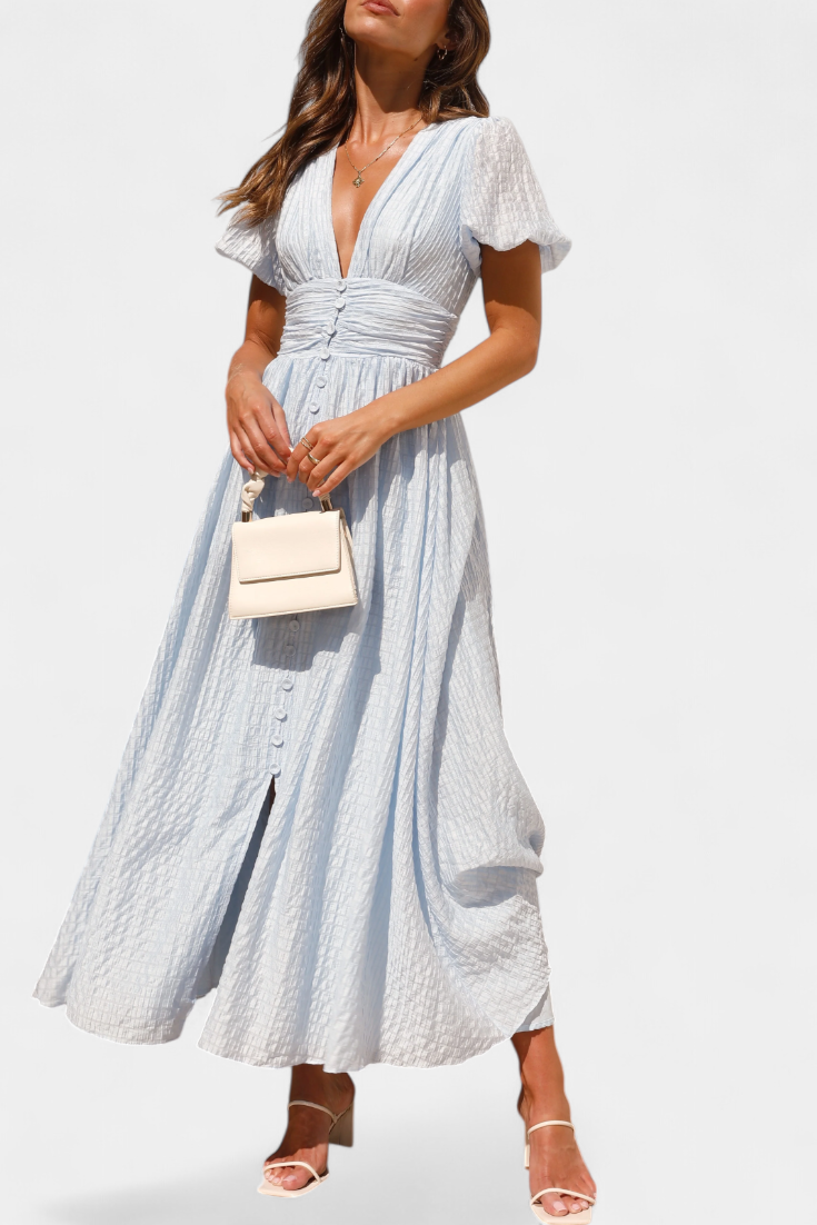 Mélia Vestido Maxi con Escote en V y Mangas Abullonadas