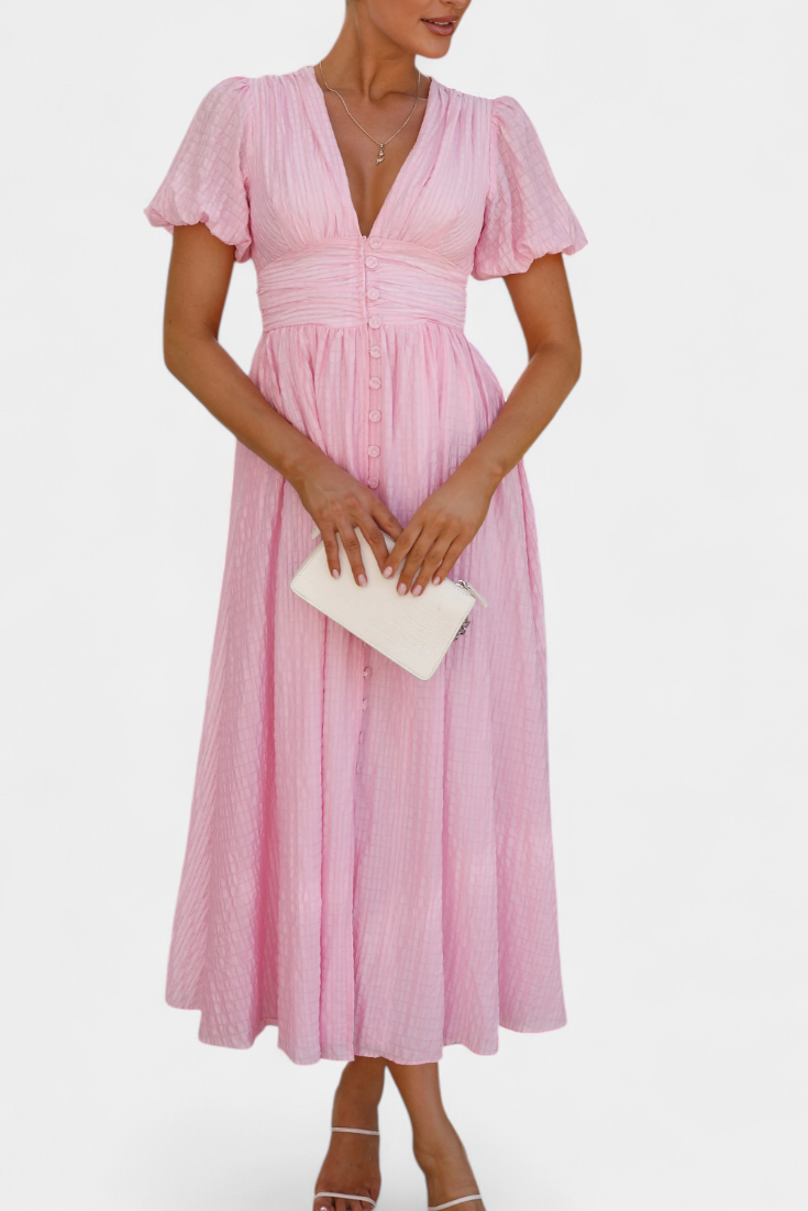 Mélia Vestido Maxi con Escote en V y Mangas Abullonadas