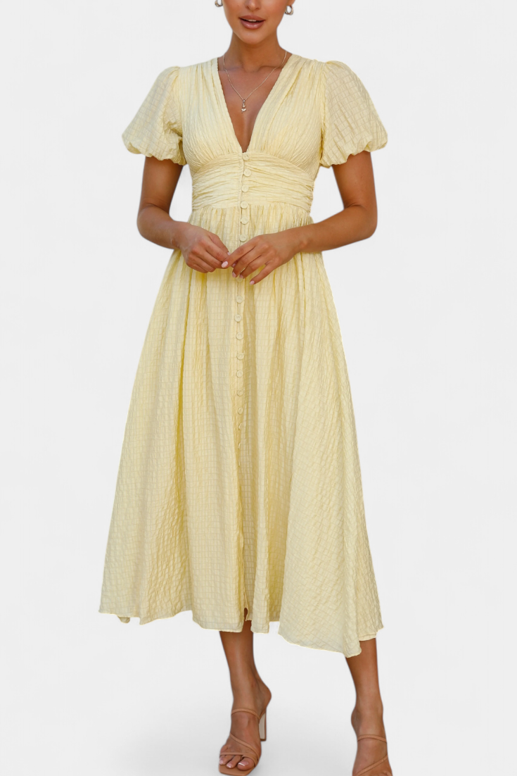 Mélia Vestido Maxi con Escote en V y Mangas Abullonadas