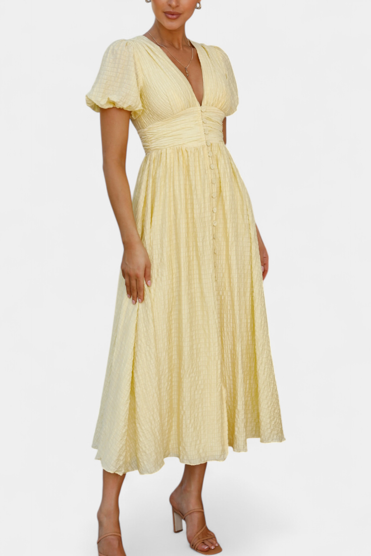 Mélia Vestido Maxi con Escote en V y Mangas Abullonadas